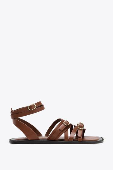 LEATHER STRAPPY FLAT SANDALS - Brown by Zara