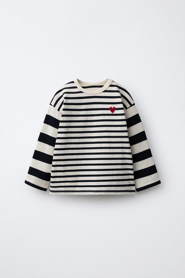 STRIPED HEART EMBROIDERY T-SHIRT - Black by Zara