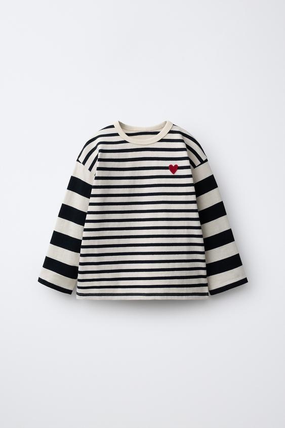 STRIPED HEART EMBROIDERY T-SHIRT - Black by Zara - Image 0