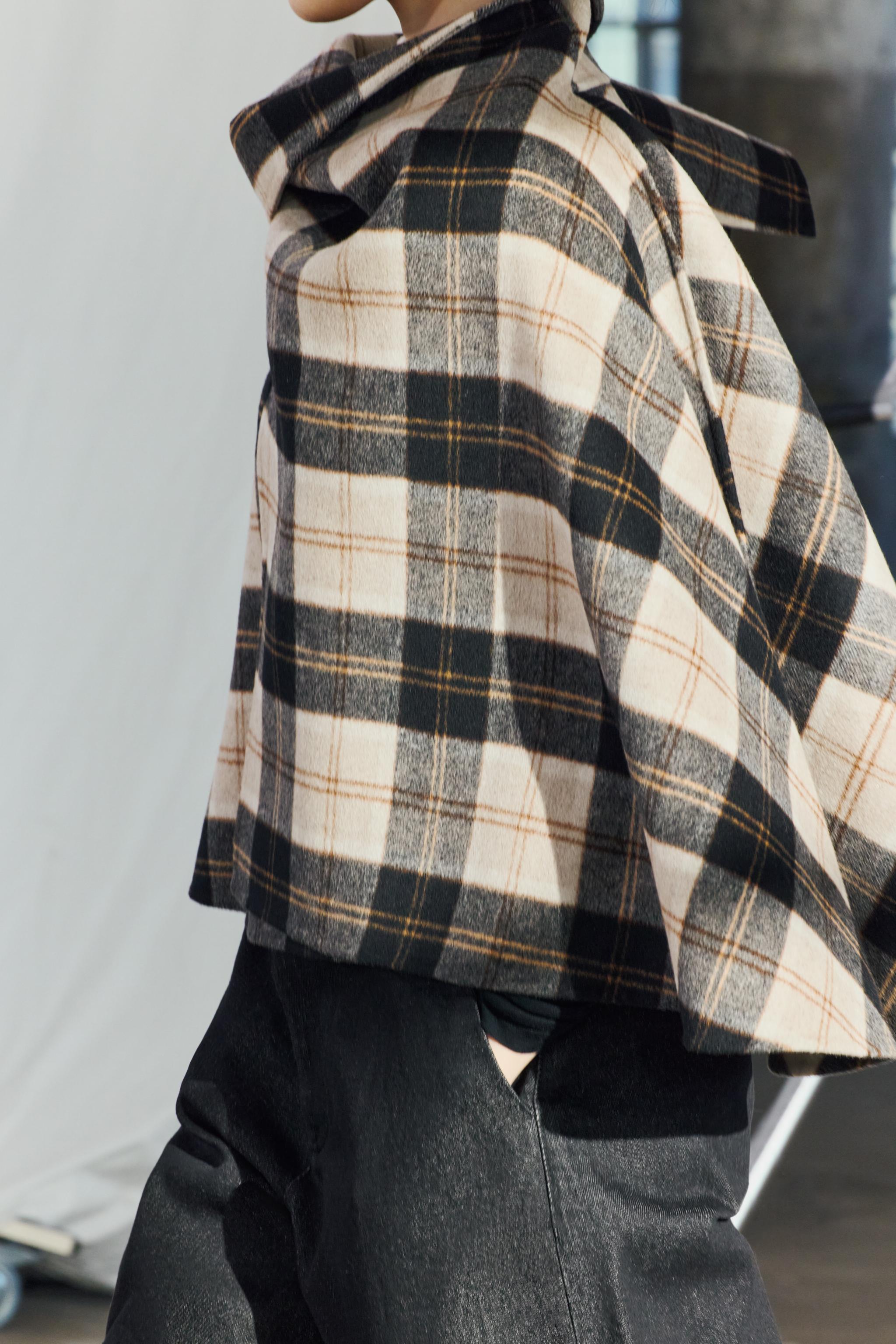 ZARA ZWコレクション ウール混紡チェック柄ケープ 7522/045 ZW COLLECTION CHECK WOOL CAPE - Ecru / Beige | ZARA Australia