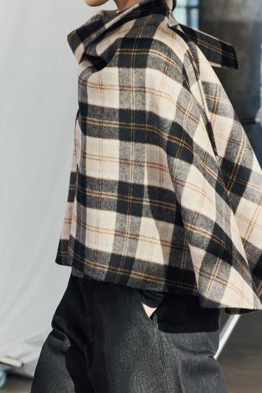 ZW COLLECTION CHECK WOOL CAPE - Ecru / Beige by Zara - Image 1