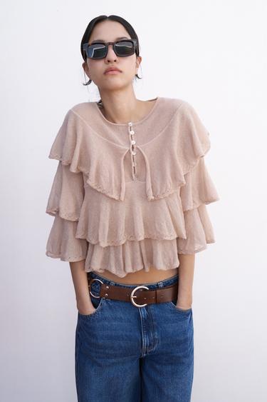 Zara Pink Ruffle Romatic Top Women's Pink Tops | ZARA Canada