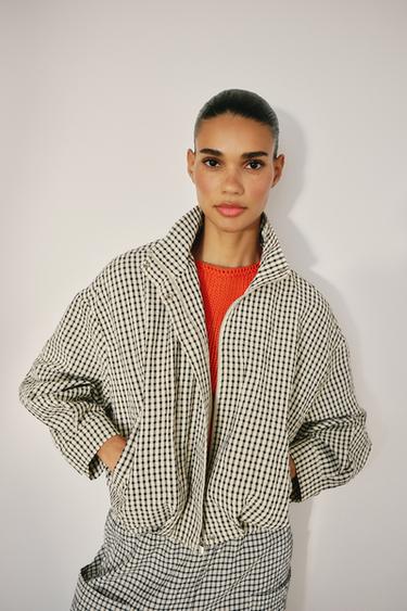 Zara 格紋飛行員外套 - 黑色 / 裸色