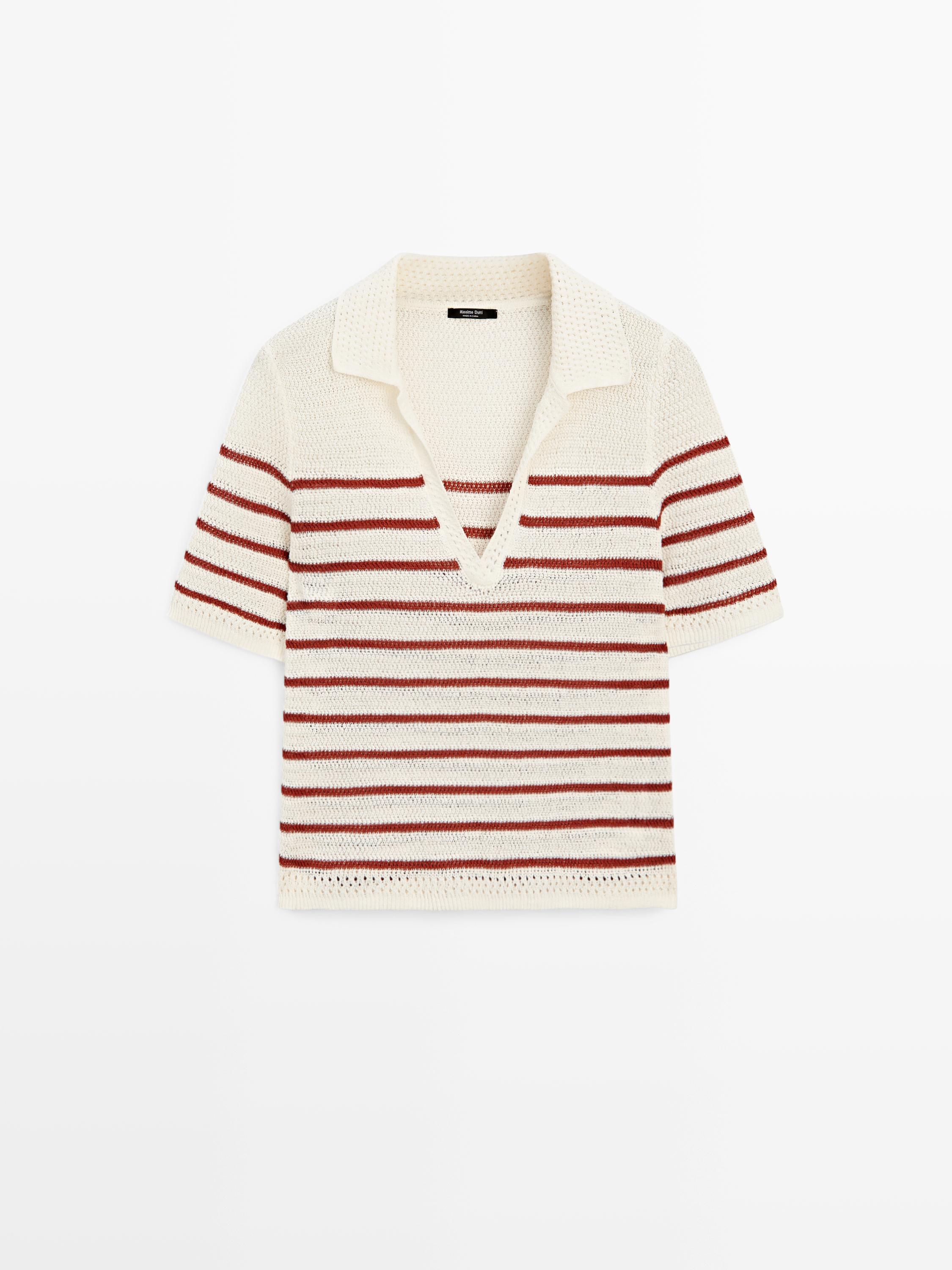 Striped cotton blend knit polo shirt