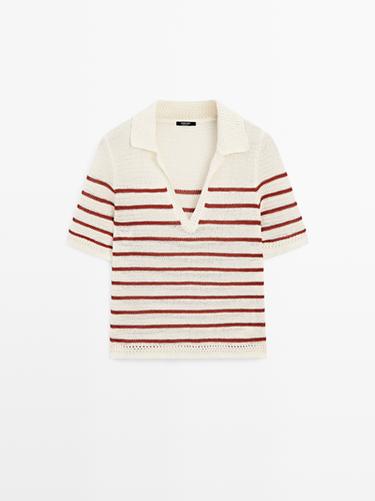 Zara Striped cotton blend knit polo shirt - Ecru
