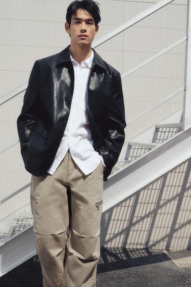 Zara 寬鬆版人造皮革襯衫式外套 - 黑色