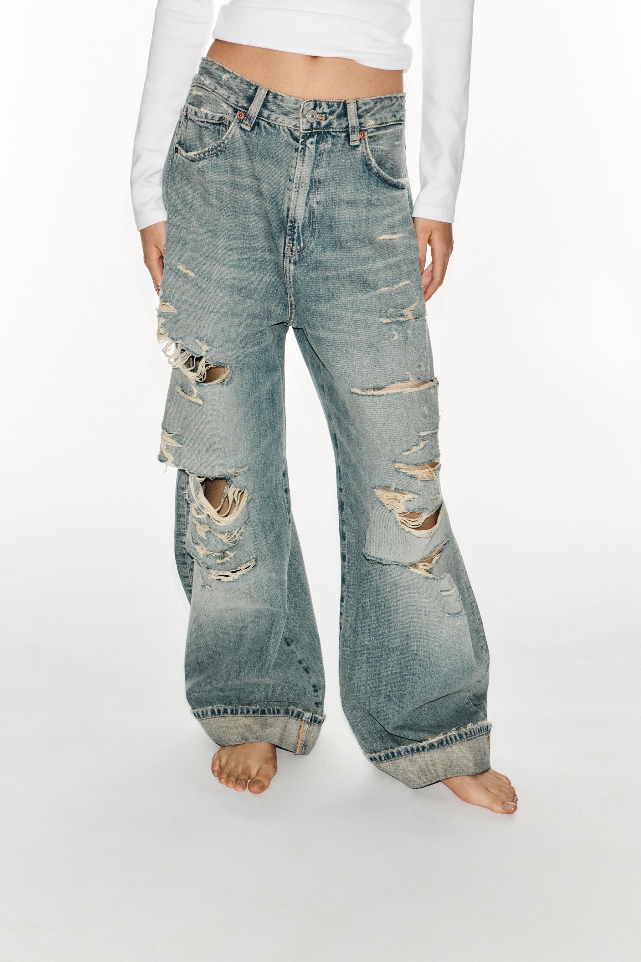 TRF MID-RISE RIPPED BAGGY FOLDED JEANS