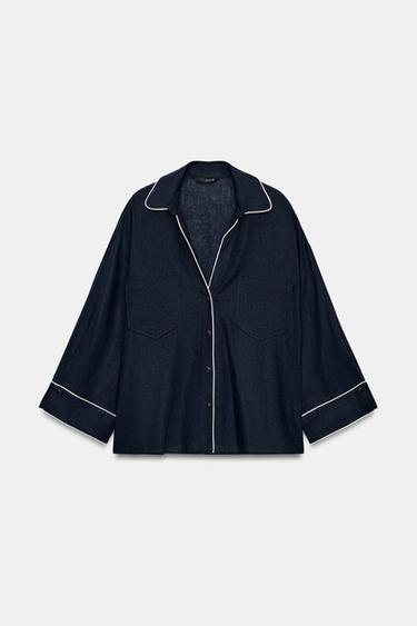 CHEMISE EN LIN À LISERÉS CONTRASTANTS - Bleu marine de Zara - Image 6