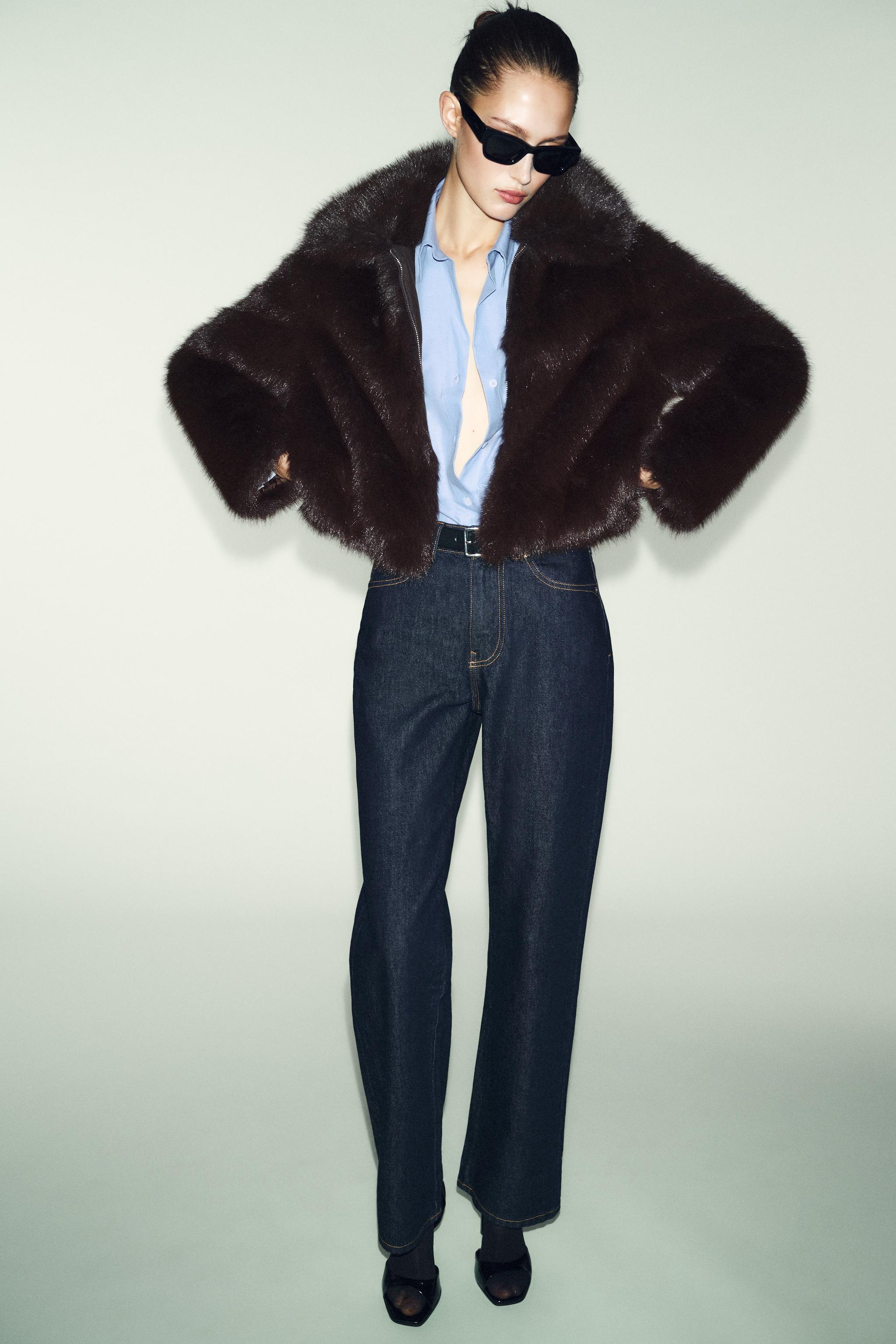 SHORT FAUX FUR COAT WITH LAPEL COLLAR