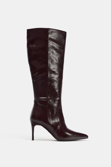 KNEE-HIGH BOOTS WITH HEEL - Burgundy Red by Zara