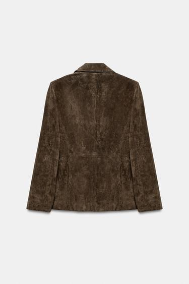100% LEATHER SUEDE DOUBLE-BREASTED BLAZER - Khaki by Zara - Image 7