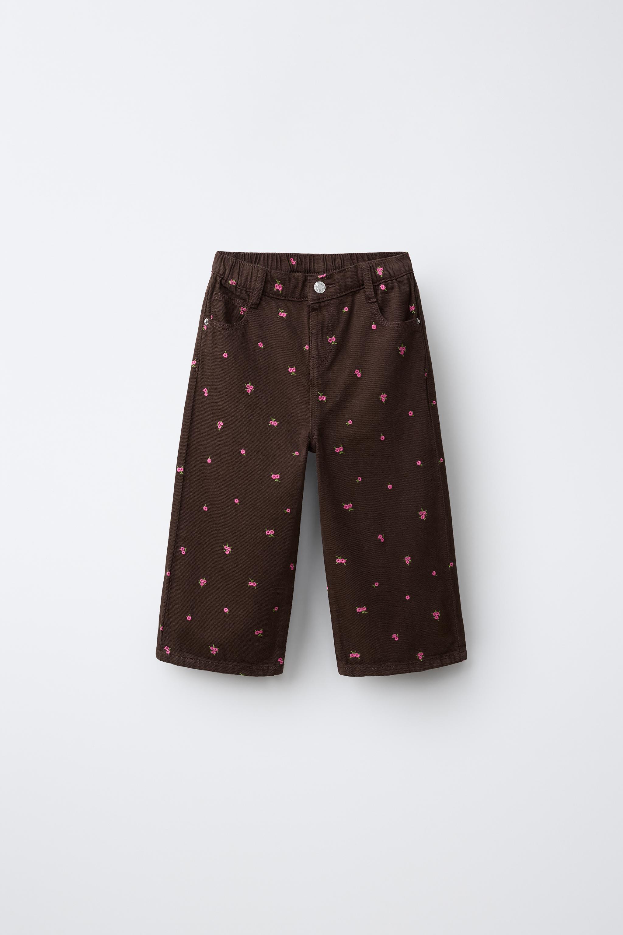 フラワー刺しゅうツイルキュロットパンツ - ブラウン | ZARA Japan / 日本