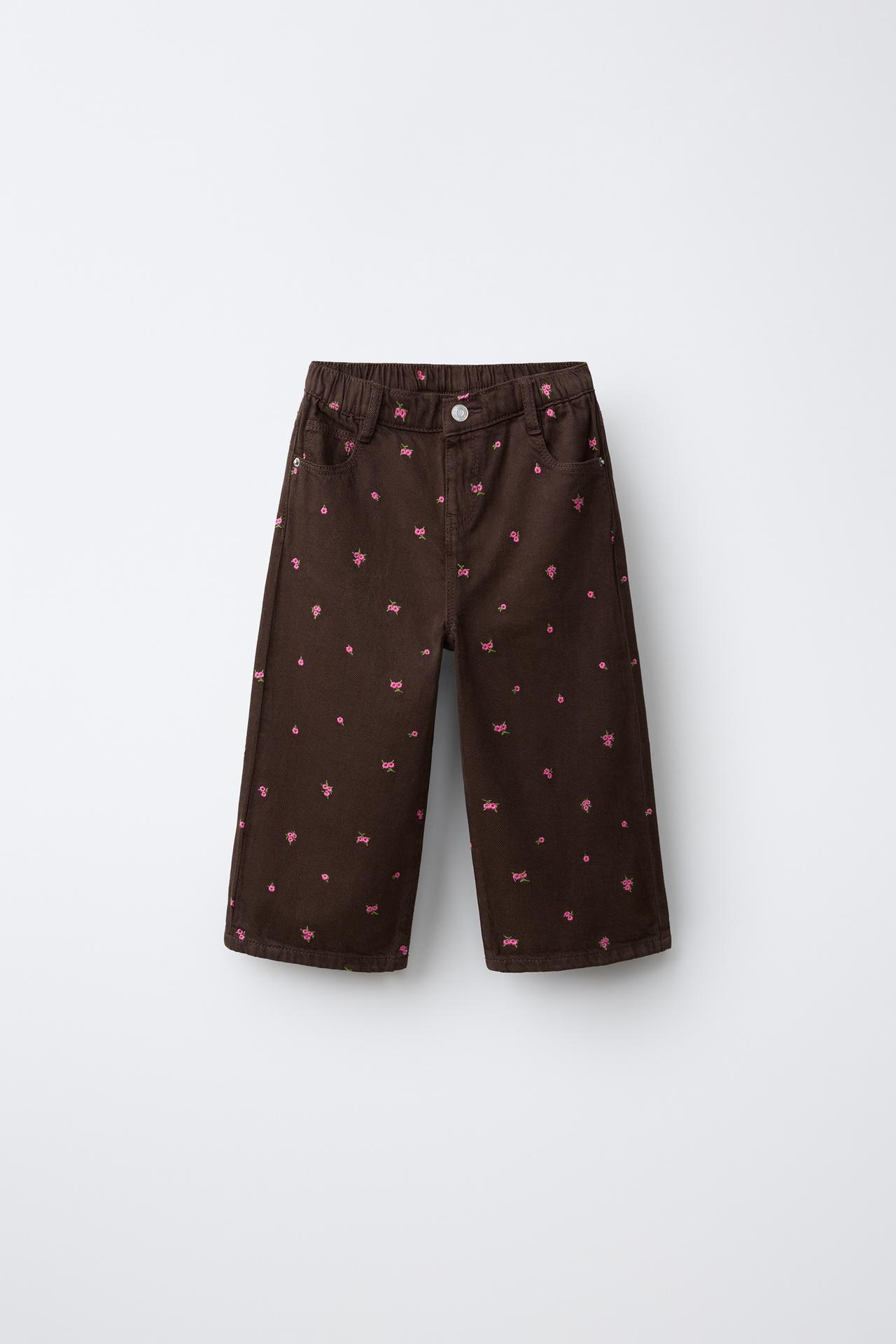EMBROIDERED FLORAL TWILL CULOTTES — Brown