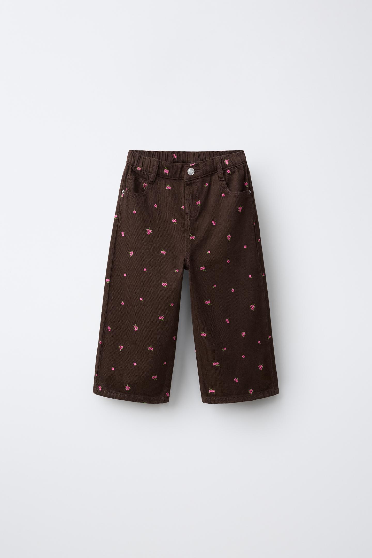 Детские брюки Zara Embroidered Floral Twill Culottes, цвет: Коричневый — фото 2