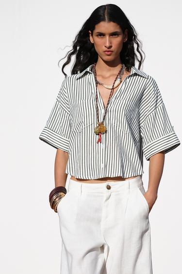 Zara LINEN BLEND CROPPED SHIRT - Blue / White