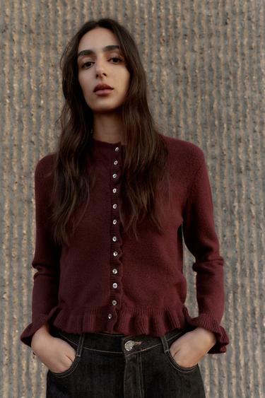 RUFFLED KNIT CARDIGAN - Burgundy by Zara