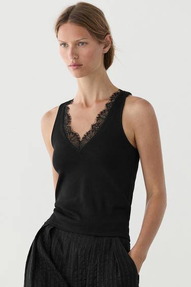 Zara V-neck top with lace detail - Black