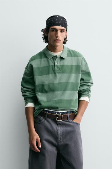 POLO PIQUÉ RAYAS LAVADO - verde lavado de Zara