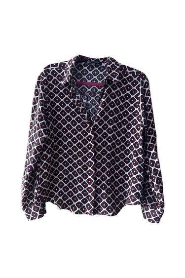 Burgundy and white geometric print long-sleeve shirt. Shirt collar and front button fastening.