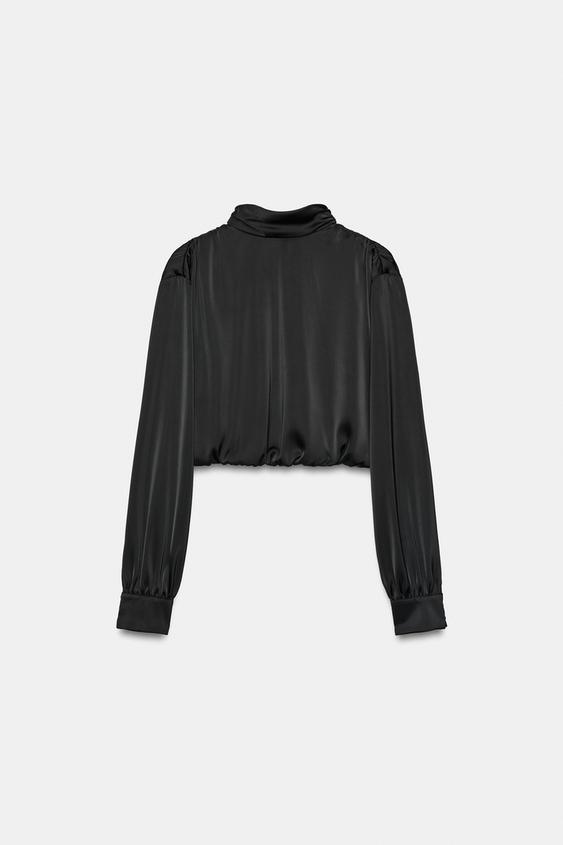 Zara SATIN BALLOON TOP - Black - Image 0