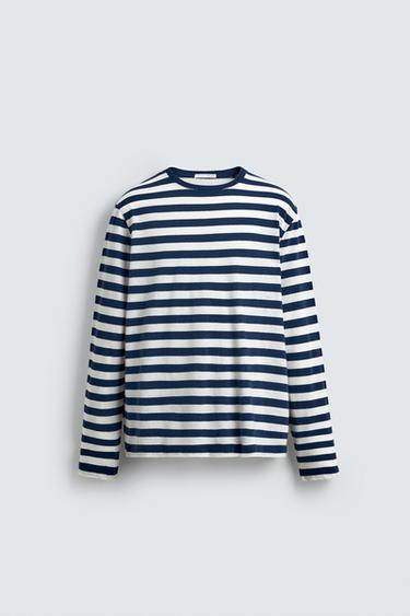 STRIPED LINEN - COTTON LONG SLEEVE T-SHIRT - Blue/White by Zara