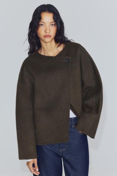 ZW COLLECTION SHORT WOOL COAT — Dark khaki 1