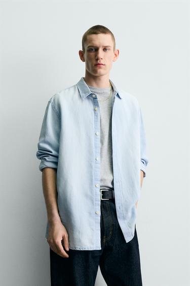 CAMISA DE ganga LINHO-ALGODÃO - Azul-celeste da Zara