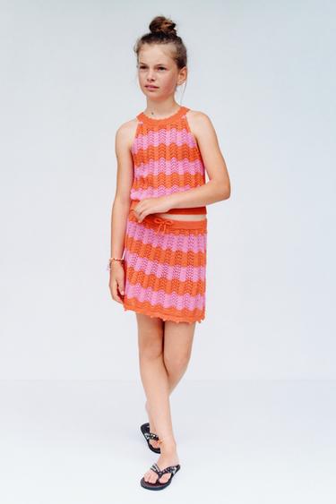 STRIPED CROCHET KNIT TOP - Neon orange by Zara