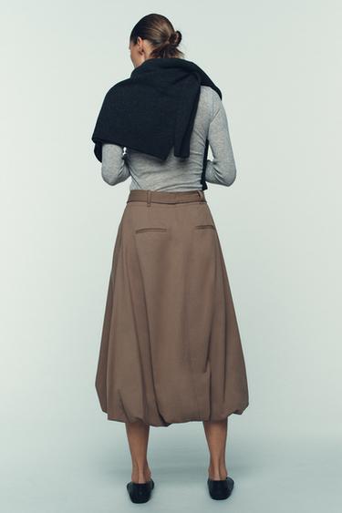 JUPE MIDI À CEINTURE ET COUPE BALLON - Marron clair de Zara - Image 6