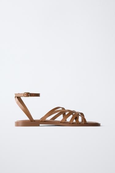 Zara STRAPPY LEATHER SANDALS - Brown