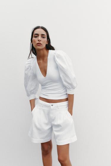 EMBROIDERED FLORAL PUFF SLEEVE TOP - White by Zara - Image 1