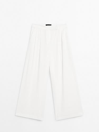 Zara Linen blend darted palazzo trousers - Oyster-white