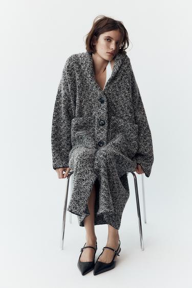 WRAP COLLAR KNIT COAT - Ecru / Black by Zara