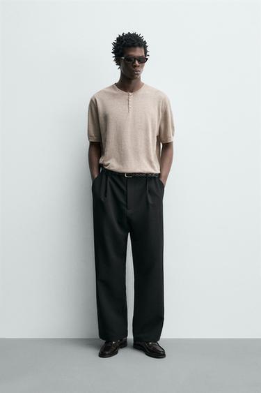 Zara 100% LINEN KNIT HENLEY SHIRT - Sand