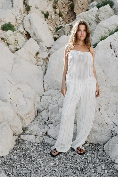 LACE TRIM STRIPED TOP - White by Zara