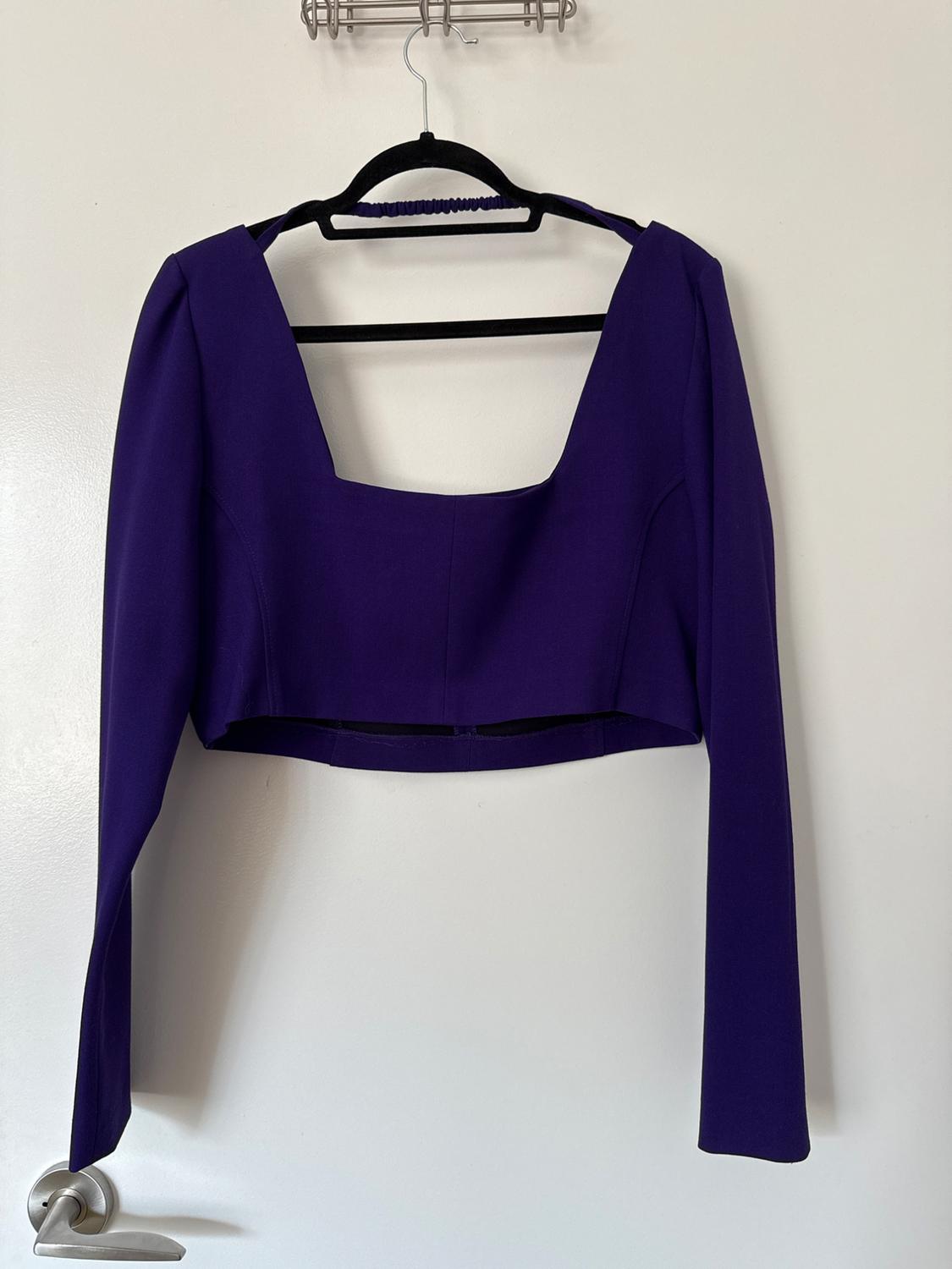 Purple long-sleeved square-neck cropped top, hanging on a black hanger over a white door with a silver handle.