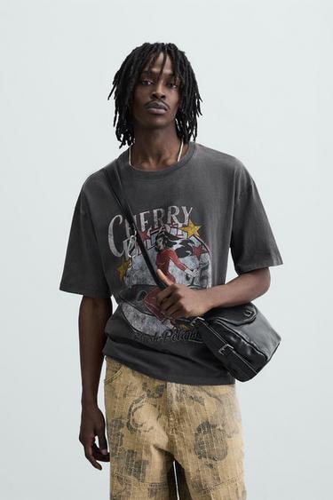 Zara WASHED PRINTED T-SHIRT - Taupe gray