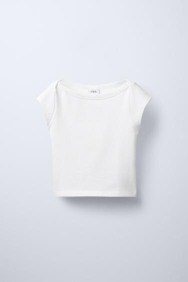 Zara RIBBED BOAT NECK T-SHIRT - Oyster-white