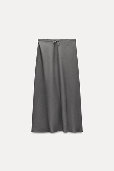 FALDA MIDI CON LINO - Gris de Zara