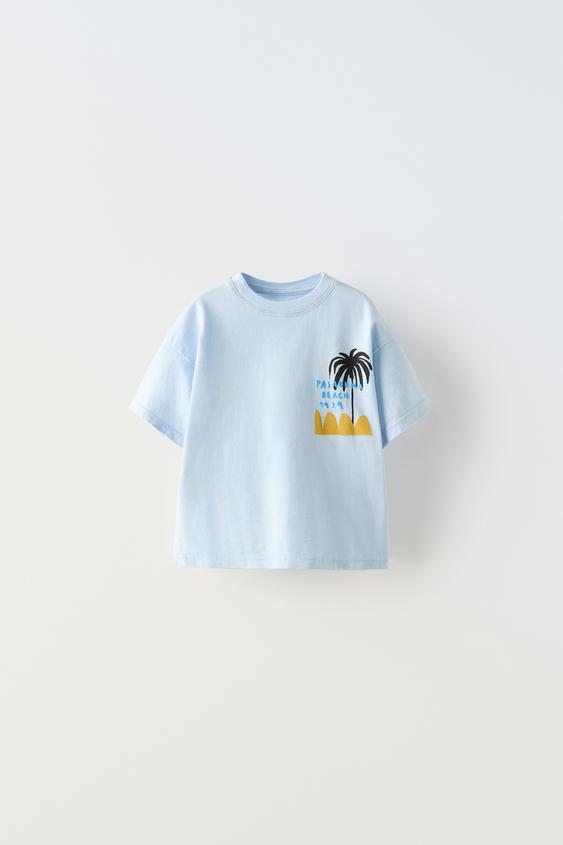 WAVES AND PALM TREES PRINTED T-SHIRT - Light blue | ZARA United States