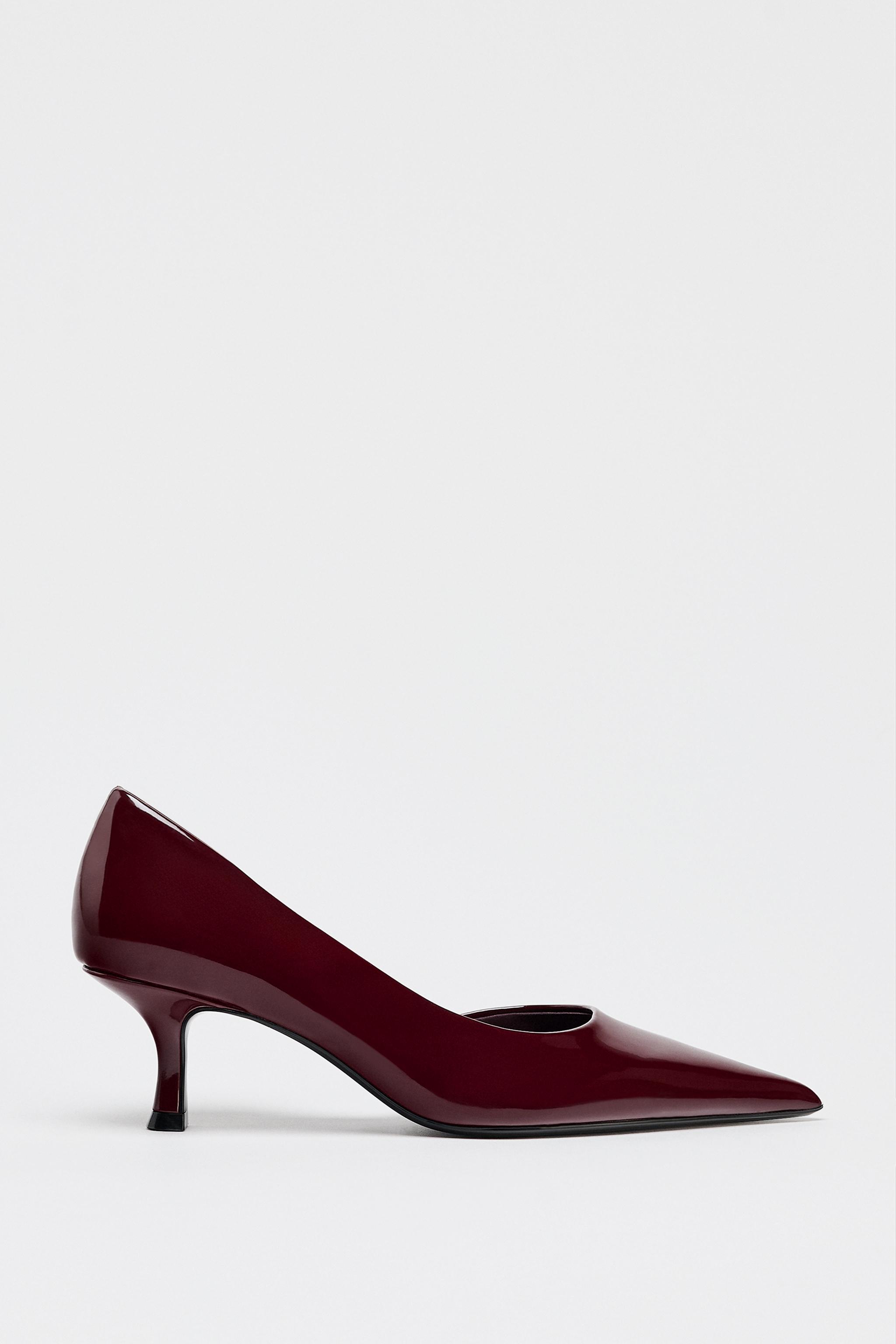 ZARA NEW WOMAN FAUX-PATENT FINISH SLINGBACK SHOES BURGUNDY