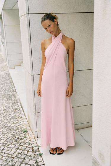 LINEN BLEND HALTER MIDI DRESS - Pink by Zara