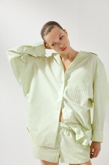 Zara 條紋寬鬆版府綢襯衫 - 淺酸橙色