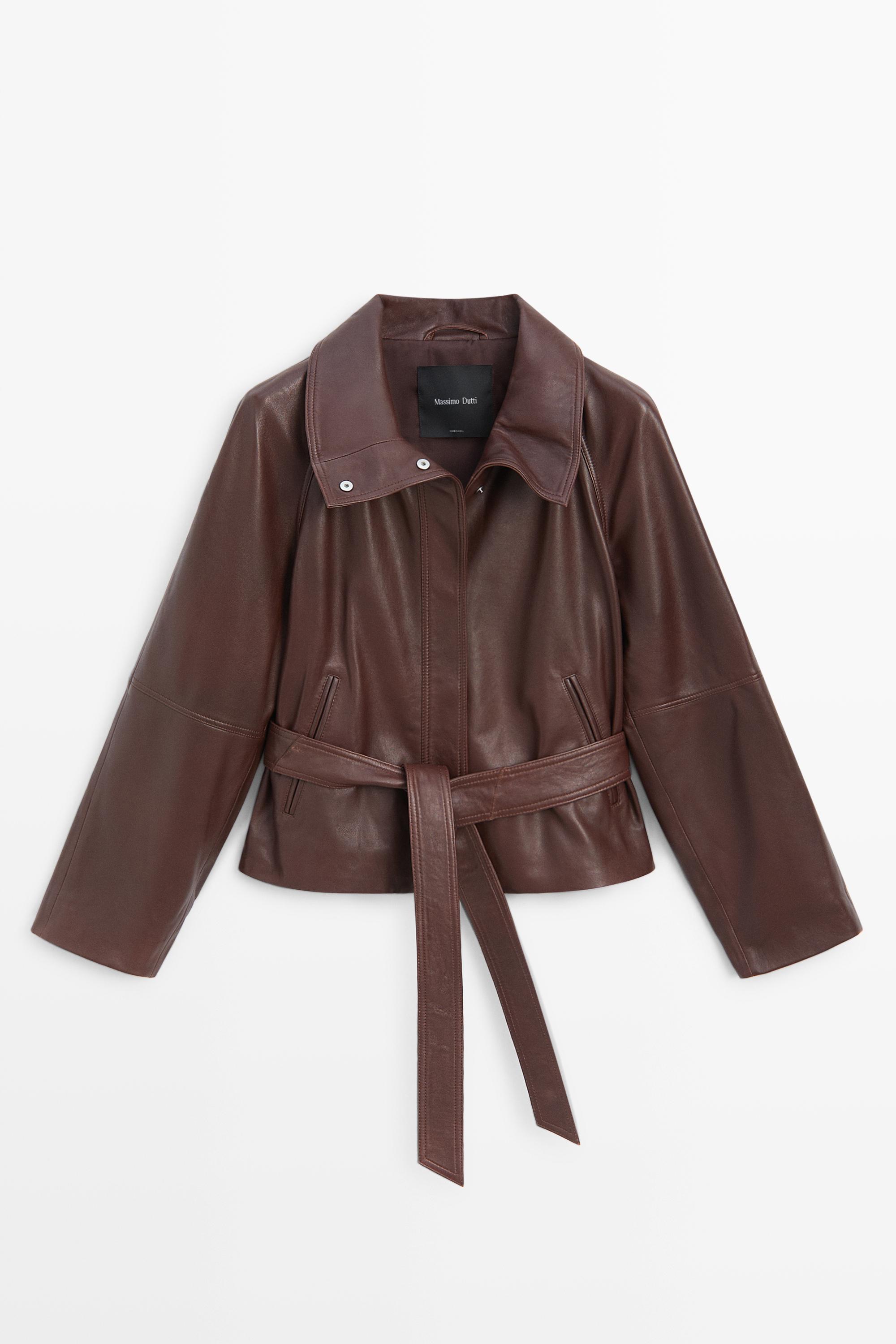 Blouson court à ceinture en cuir nappa