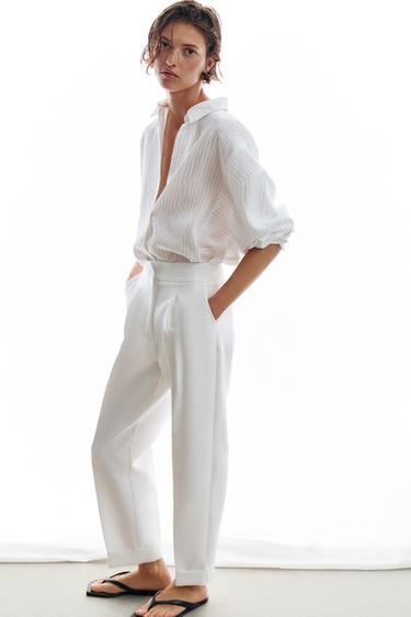 PANTALONI CON PIEGHE E ORLO CON RISVOLTO - Bianco di Zara