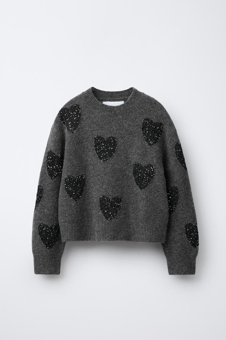 KNIT SWEATER WITH SEQUIN HEARTS Anthracite grey ZARA India