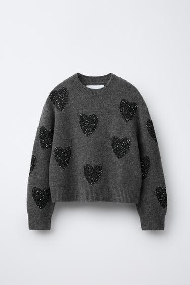 SUÉTER DE PUNTO CORAZONES LENTEJUELAS - Gris antracita de Zara