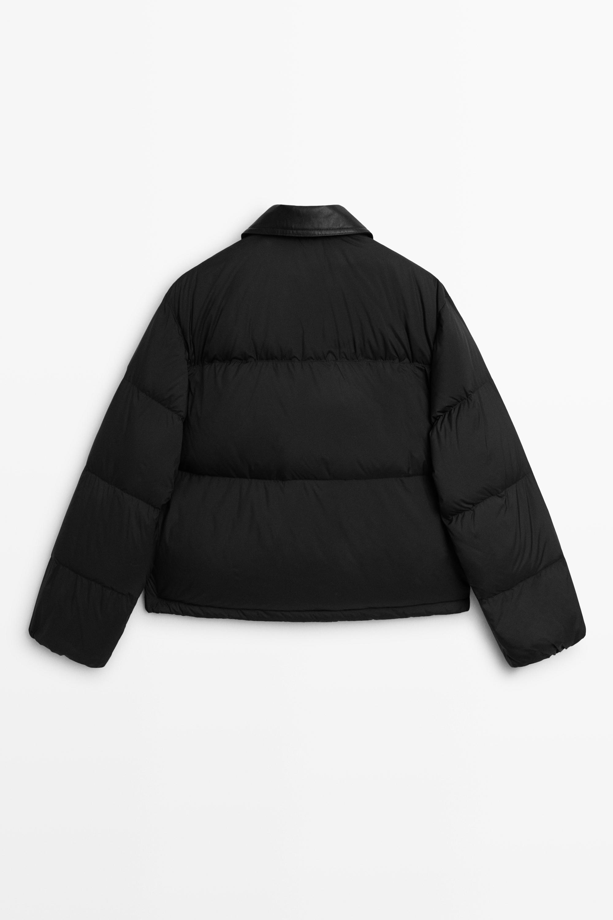 Down bomber jacket with nappa leather collar