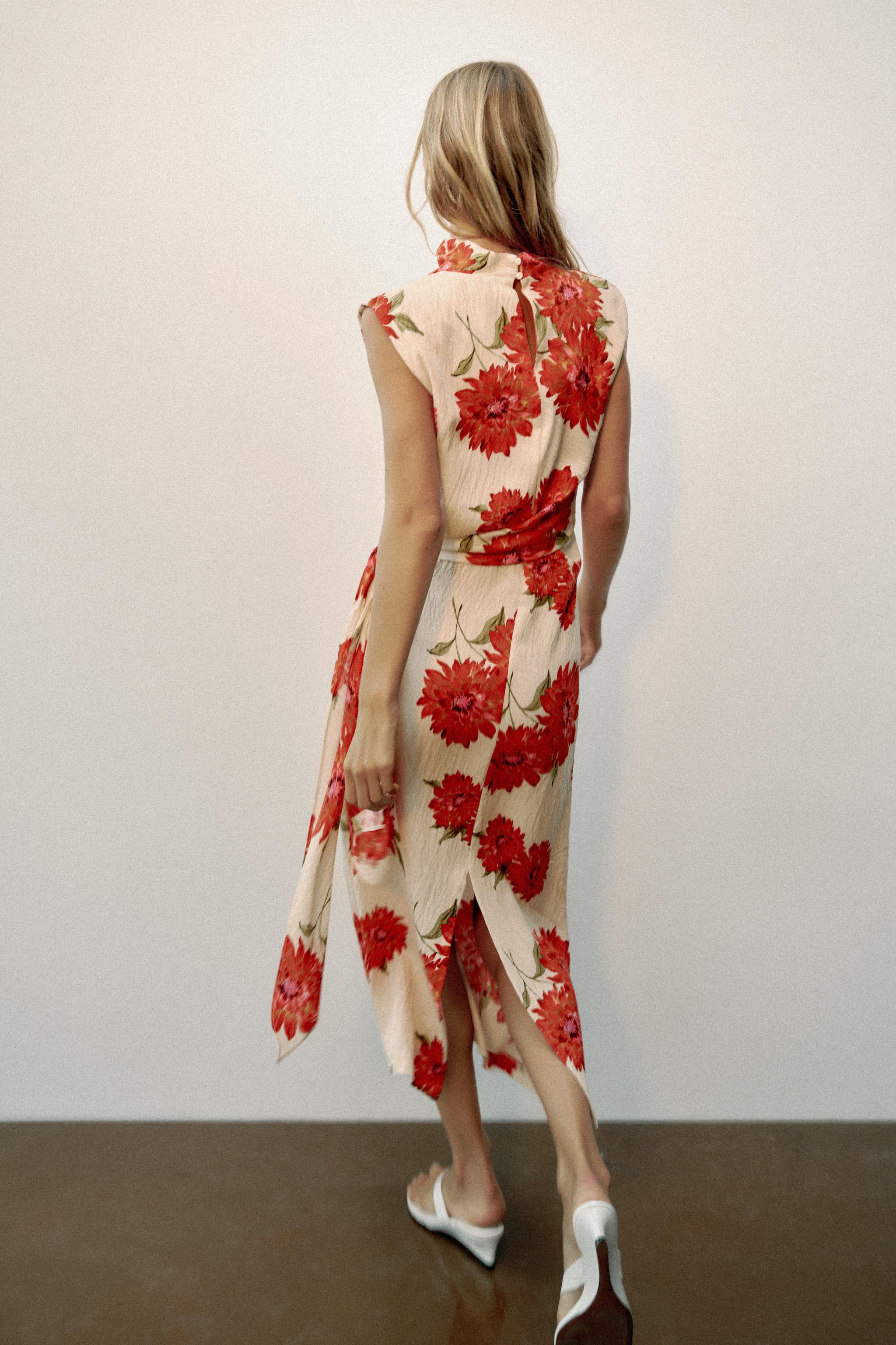 Женские платья Zara FLORAL PRINT BELTED MIDI DRESS — фото 6
