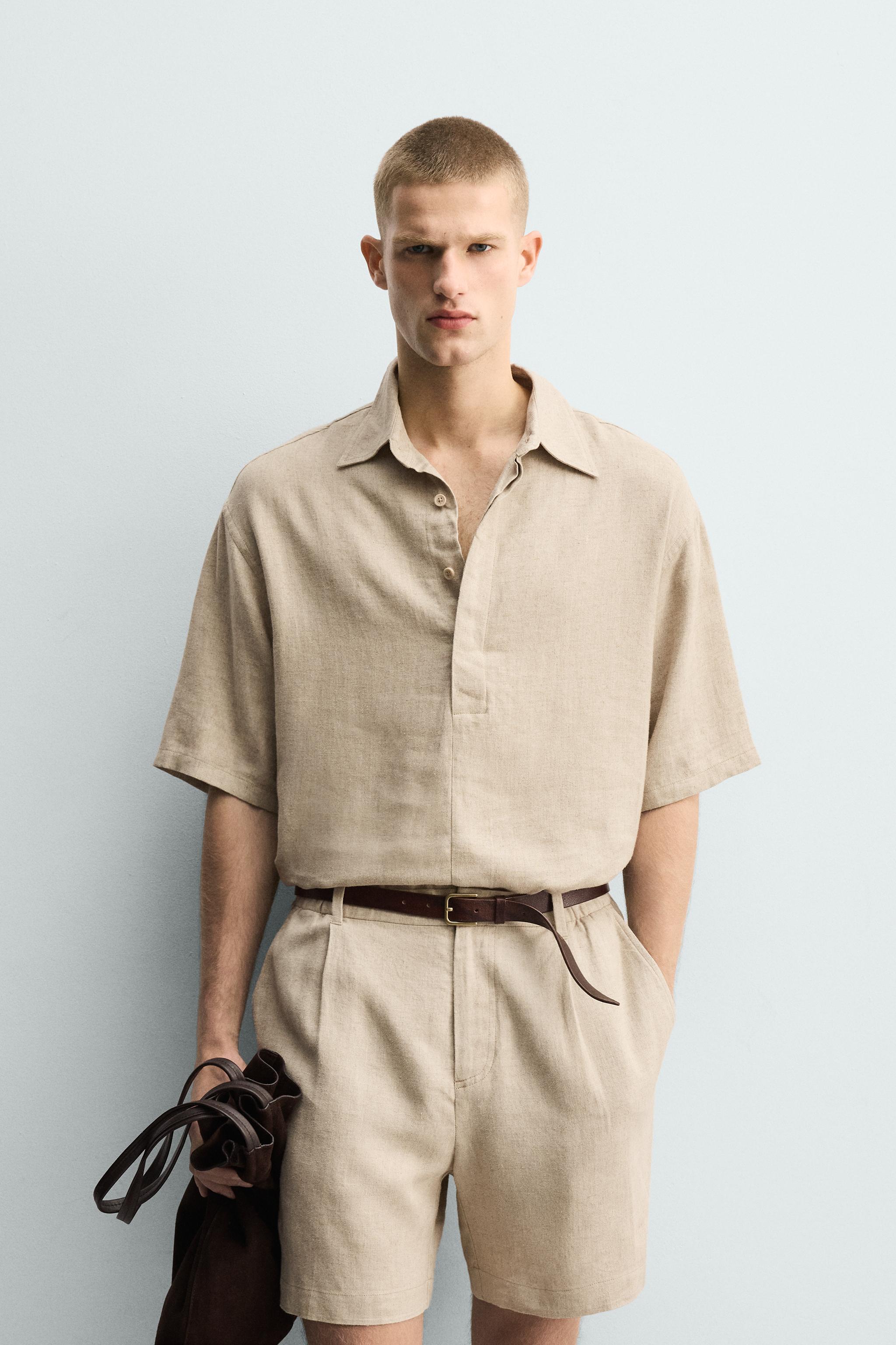 REGULAR FIT LINEN-VISCOSE POLO SHIRT — Sand
